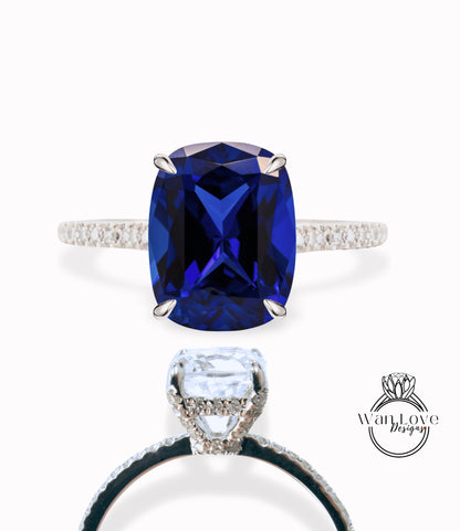 Anello di fidanzamento con punte di cesto di Halo laterale smeraldo con diamanti in zaffiro blu, anello cuscino allungato, personalizzato, matrimonio, anniversario