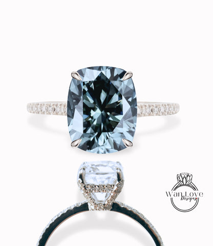 Anello di fidanzamento Moissanite grigio smeraldo Anello radiante laterale Halo Anello in oro con diamanti Anello Art Deco affusolato Anello nuziale Anello promessa anniversario