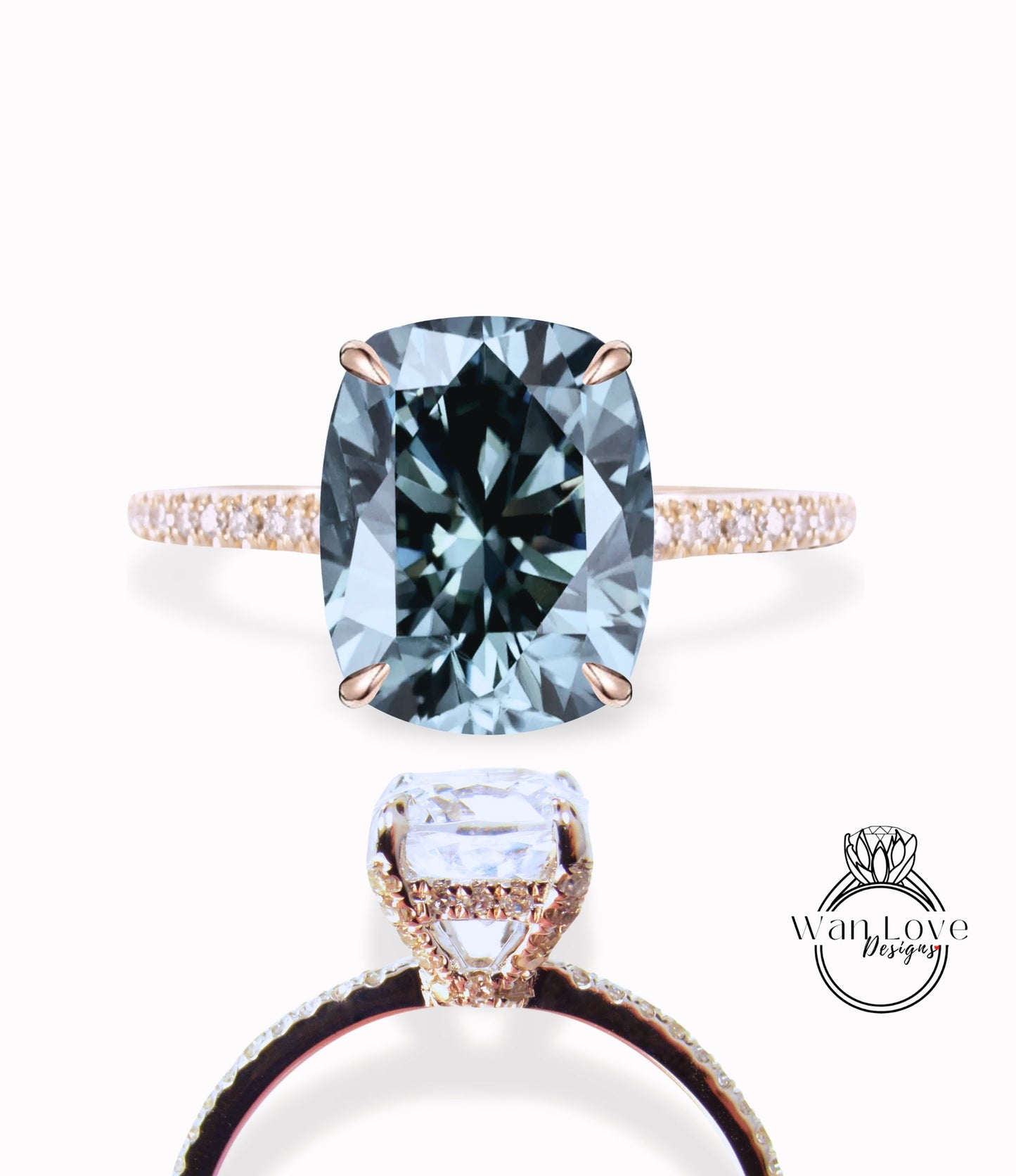 Anello di fidanzamento Moissanite grigio smeraldo Anello radiante laterale Halo Anello in oro con diamanti Anello Art Deco affusolato Anello nuziale Anello promessa anniversario