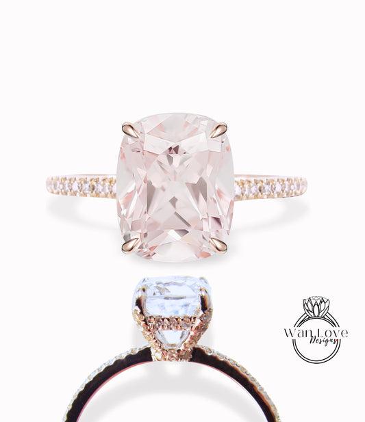 Anello di fidanzamento con cuscino a forma di cesto con zaffiro rosa chiaro e punte di diamante, oro 14kt 18kt, platino, personalizzato, matrimonio