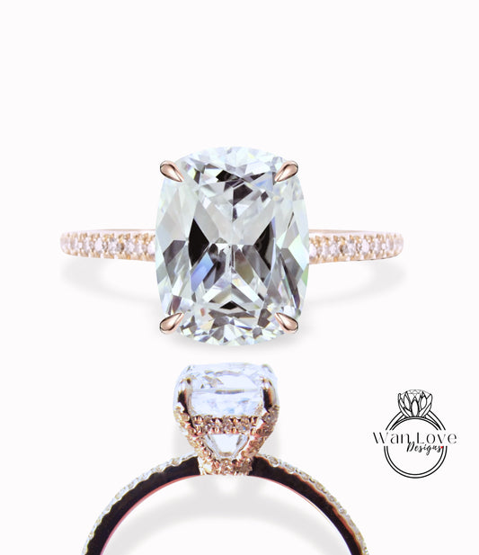 Anello di fidanzamento Halo laterale con diamante zaffiro bianco, Anello Halo laterale con cuscino allungato, Anello cestino con punte di diamante, Personalizzato, WanLoveDesigns