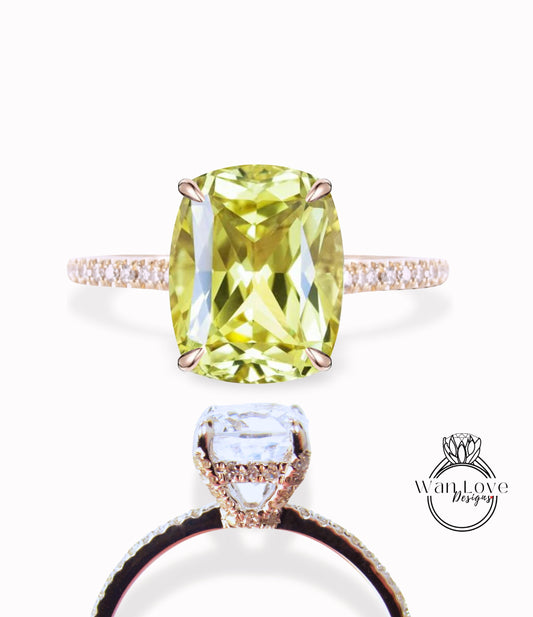 Yellow Sapphire & Diamond Elongated Cushion Side Halo 3/4 almost eternity Engagement Ring Diamond prongs basket ring, Custom, Wedding Bridal Anniversary Gift