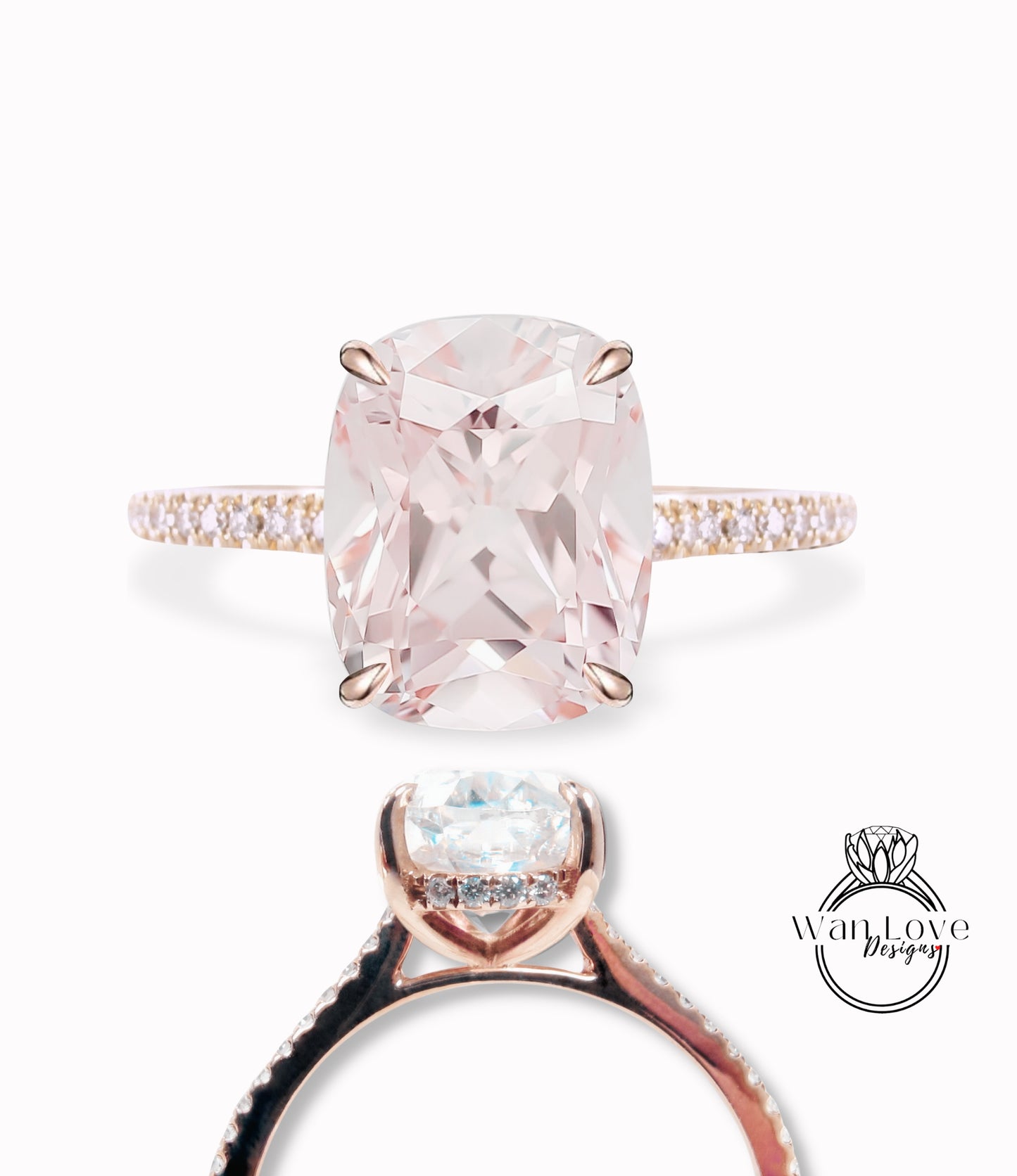 Light Pink Sapphire & Diamond Elongated Cushion Side Halo Half Eternity Engagement Ring rose gold Ring Art Deco Wedding Bridal Ring Anniversary Gift