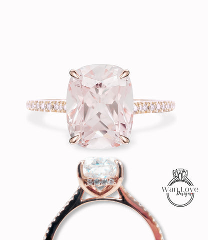 Light Pink Sapphire & Diamond Elongated Cushion Side Halo Half Eternity Engagement Ring rose gold Ring Art Deco Wedding Bridal Ring Anniversary Gift