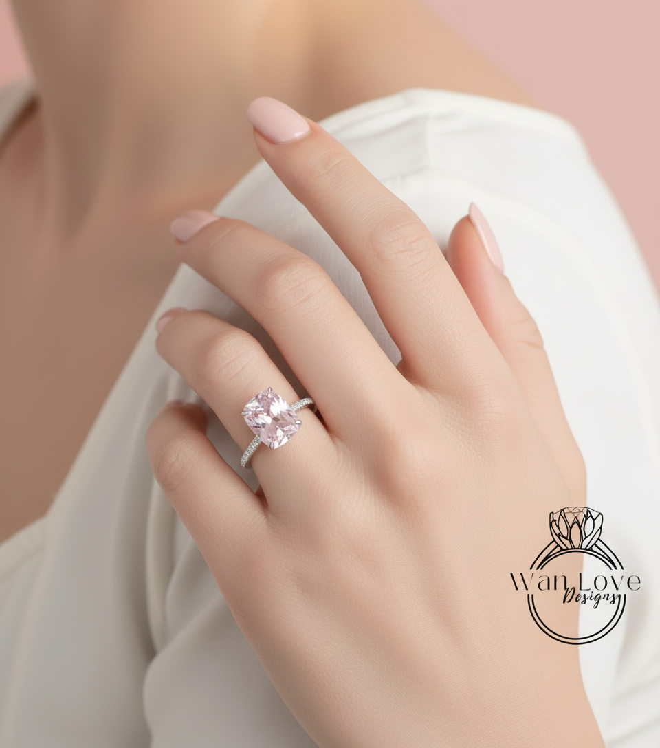 Elongated Cushion Light Pink Sapphire Diamond Engagement Ring Celebrity Art Deco Ring Diamonds side hidden halo ring Bridal Wedding Ring