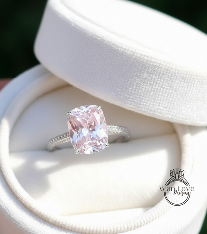 Elongated Cushion Light Pink Sapphire Diamond Engagement Ring Celebrity Art Deco Ring Diamonds side hidden halo ring Bridal Wedding Ring