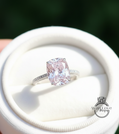 Elongated Cushion Light Pink Sapphire Diamond Engagement Ring Celebrity Art Deco Ring Diamonds side hidden halo ring Bridal Wedding Ring