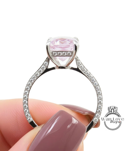 Elongated Cushion Light Pink Sapphire Diamond Engagement Ring Celebrity Art Deco Ring Diamonds side hidden halo ring Bridal Wedding Ring