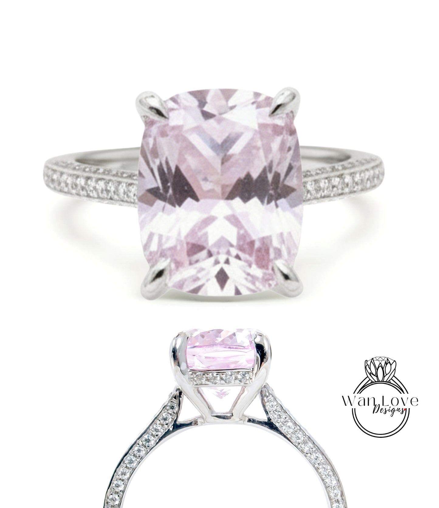 Anello di fidanzamento solitario con cuscino allungato da 4 ct, zaffiro rosa chiaro, fascia quasi eterna, anello in oro bianco, pronto per la spedizione