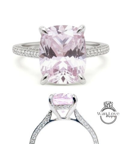 Anello di fidanzamento solitario con cuscino allungato da 4 ct, zaffiro rosa chiaro, fascia quasi eterna, anello in oro bianco, pronto per la spedizione