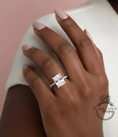 Anello di fidanzamento solitario con cuscino allungato da 4 ct, zaffiro rosa chiaro, fascia quasi eterna, anello in oro bianco, pronto per la spedizione