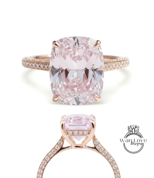 Elongated Cushion Light Pink Sapphire Diamond Engagement Ring Celebrity Art Deco Ring Diamonds side hidden halo ring Bridal Wedding Ring