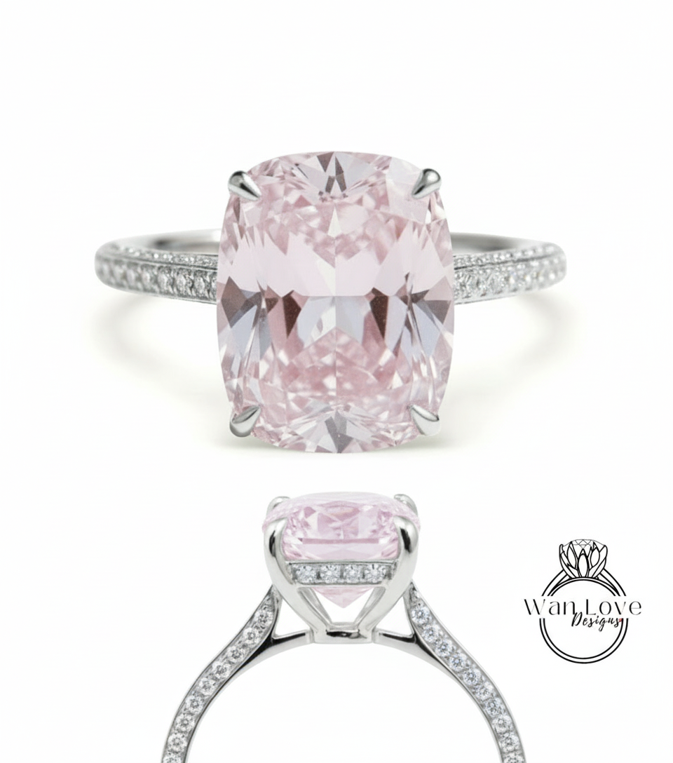 Elongated Cushion Light Pink Sapphire Diamond Engagement Ring Celebrity Art Deco Ring Diamonds side hidden halo ring Bridal Wedding Ring