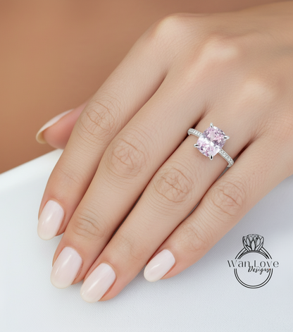 Anello di fidanzamento solitario con cuscino allungato da 4 ct, zaffiro rosa chiaro, fascia quasi eterna, anello in oro bianco, pronto per la spedizione