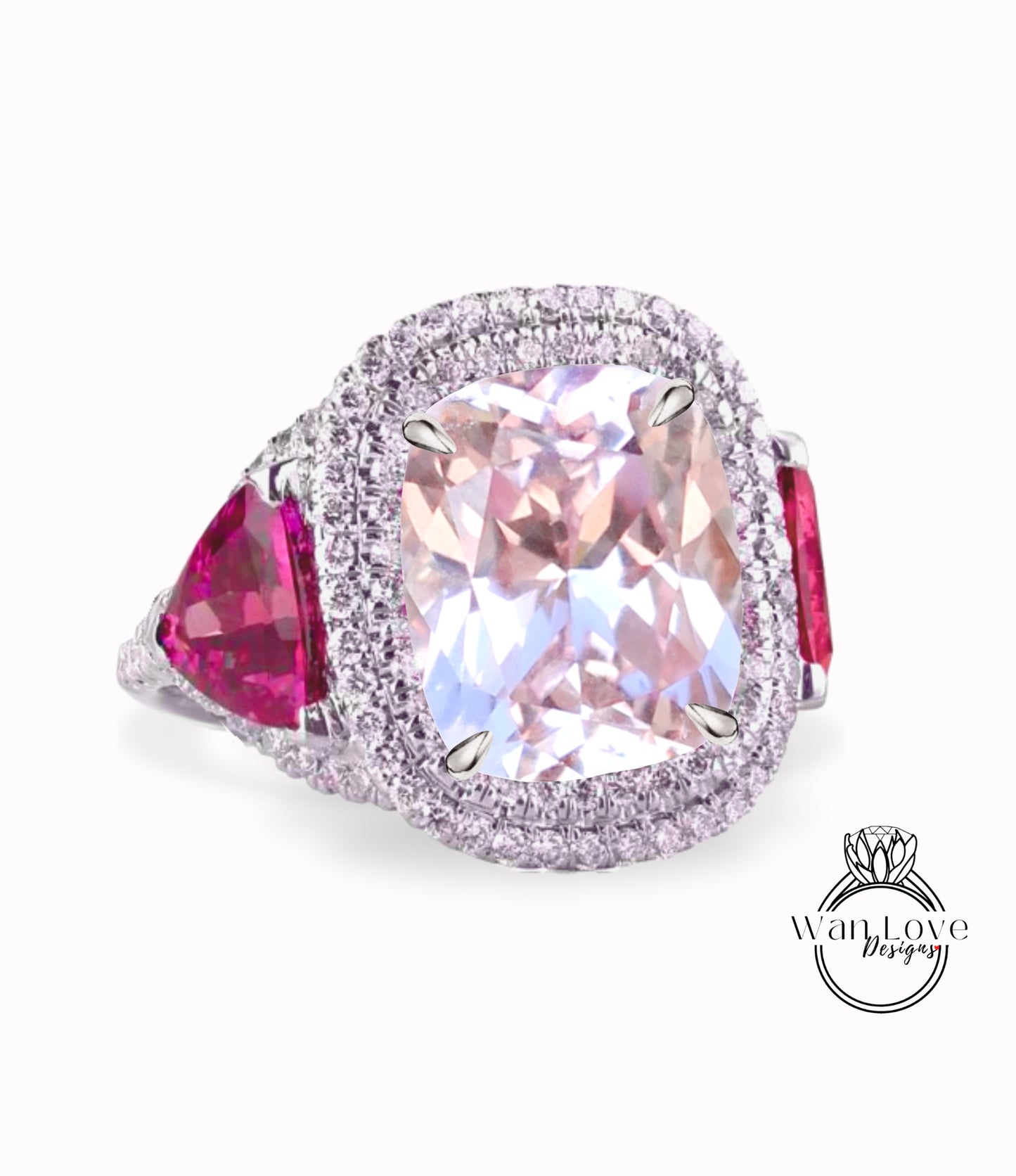 Light Pink Sapphire engagement ring double halo diamond ring prong ring oval cut white gold ring Cushion ring art deco ring anniversary ring