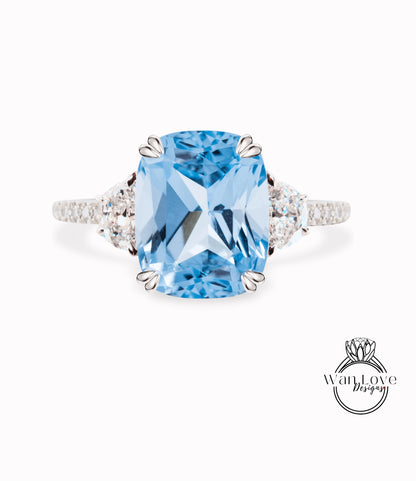 Anello di fidanzamento con diamanti smeraldo e moissanite Cuscino ovale mezza luna 3 pietre preziose 14k 18k bianco giallo oro rosa, platino, personalizzato