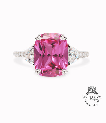 Pink Sapphire & Diamonds Elongated Cushion Half Moon Engagement Ring Oval 3 Gem Stone diamond band ring 14k 18k White Yellow Rose Gold,Platinum,Custom wedding Anniversary Gift