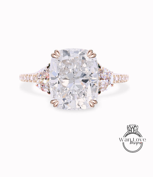 Diamond Engagement Ring Elongated Cushion Half Moon 3 Gem Stone 14k 18k White Yellow Rose Gold, Platinum, Custom Genuine IGI Lab Created Diamond Ring
