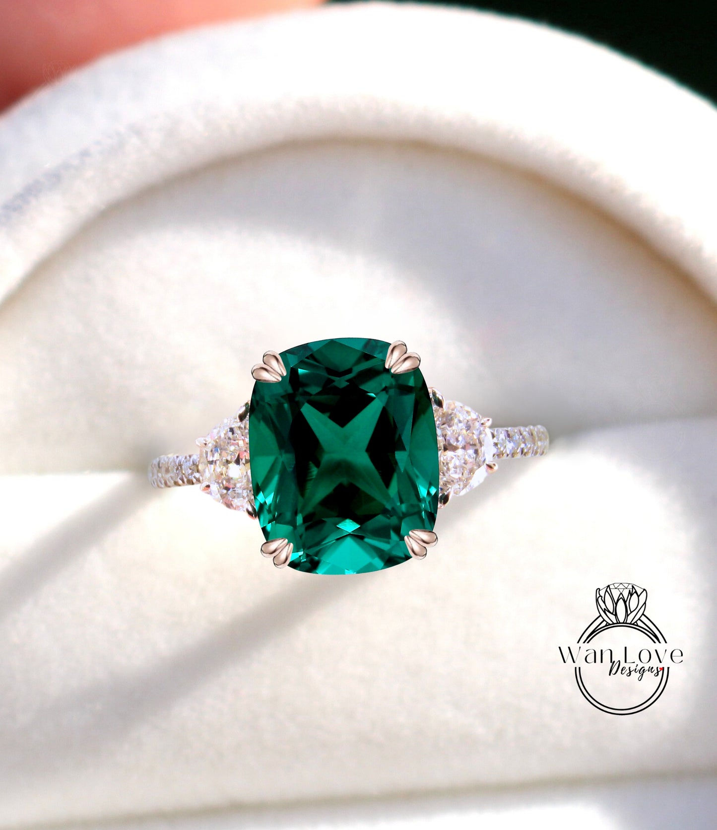 Anello di fidanzamento con diamanti smeraldo e moissanite Cuscino ovale mezza luna 3 pietre preziose 14k 18k bianco giallo oro rosa, platino, personalizzato