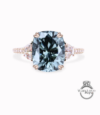 Grey Moissanite & Diamonds Elongated Cushion Half Moon Engagement Ring Oval 3 Gem Stone diamond band ring 14k 18k White Yellow Rose Gold,Platinum,Custom wedding Anniversary Gift