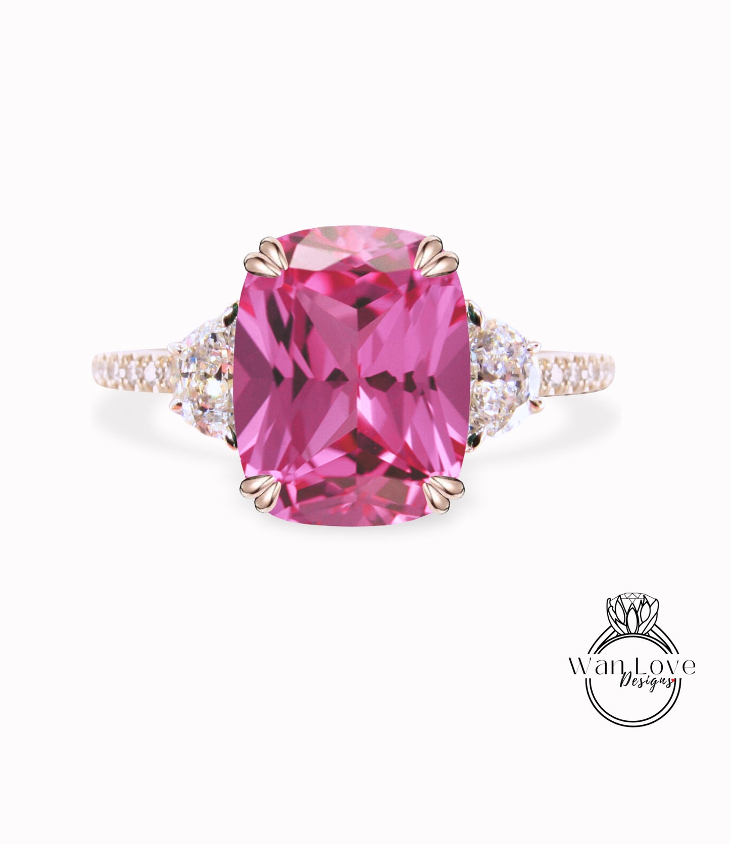 Pink Sapphire & Diamonds Elongated Cushion Half Moon Engagement Ring Oval 3 Gem Stone diamond band ring 14k 18k White Yellow Rose Gold,Platinum,Custom wedding Anniversary Gift