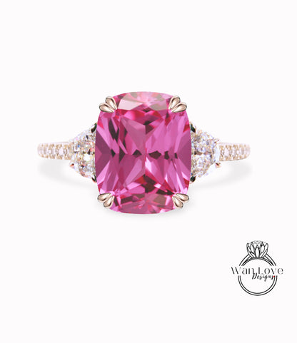 Pink Sapphire & Diamonds Elongated Cushion Half Moon Engagement Ring Oval 3 Gem Stone diamond band ring 14k 18k White Yellow Rose Gold,Platinum,Custom wedding Anniversary Gift