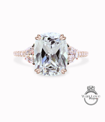 Anello di fidanzamento con diamanti smeraldo e moissanite Cuscino ovale mezza luna 3 pietre preziose 14k 18k bianco giallo oro rosa, platino, personalizzato