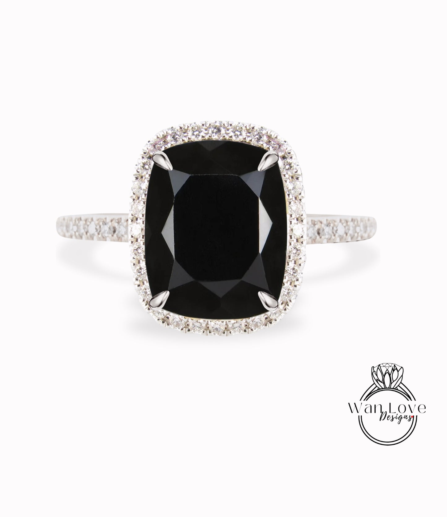 Elongated Cushion cut Black Spinel engagement ring gold vintage diamond halo engagement ring women Half eternity wedding Bridal Anniversary