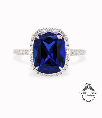 Elongated Cushion cut Blue Sapphire engagement ring gold vintage diamond halo engagement ring women Half eternity wedding Bridal Anniversary