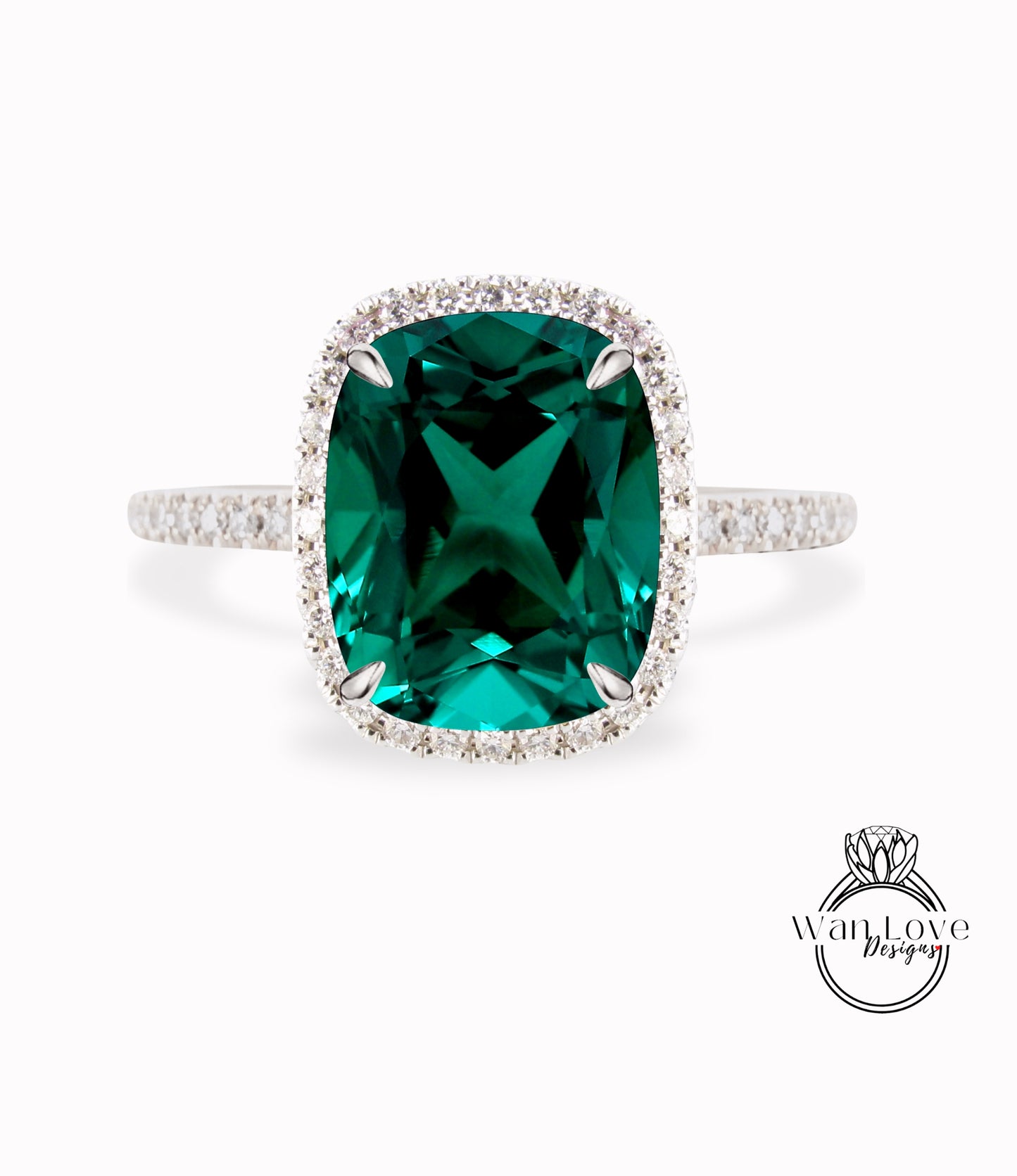 Elongated Cushion cut Emerald engagement ring gold vintage diamond halo engagement ring women Half eternity wedding Bridal Anniversary gift