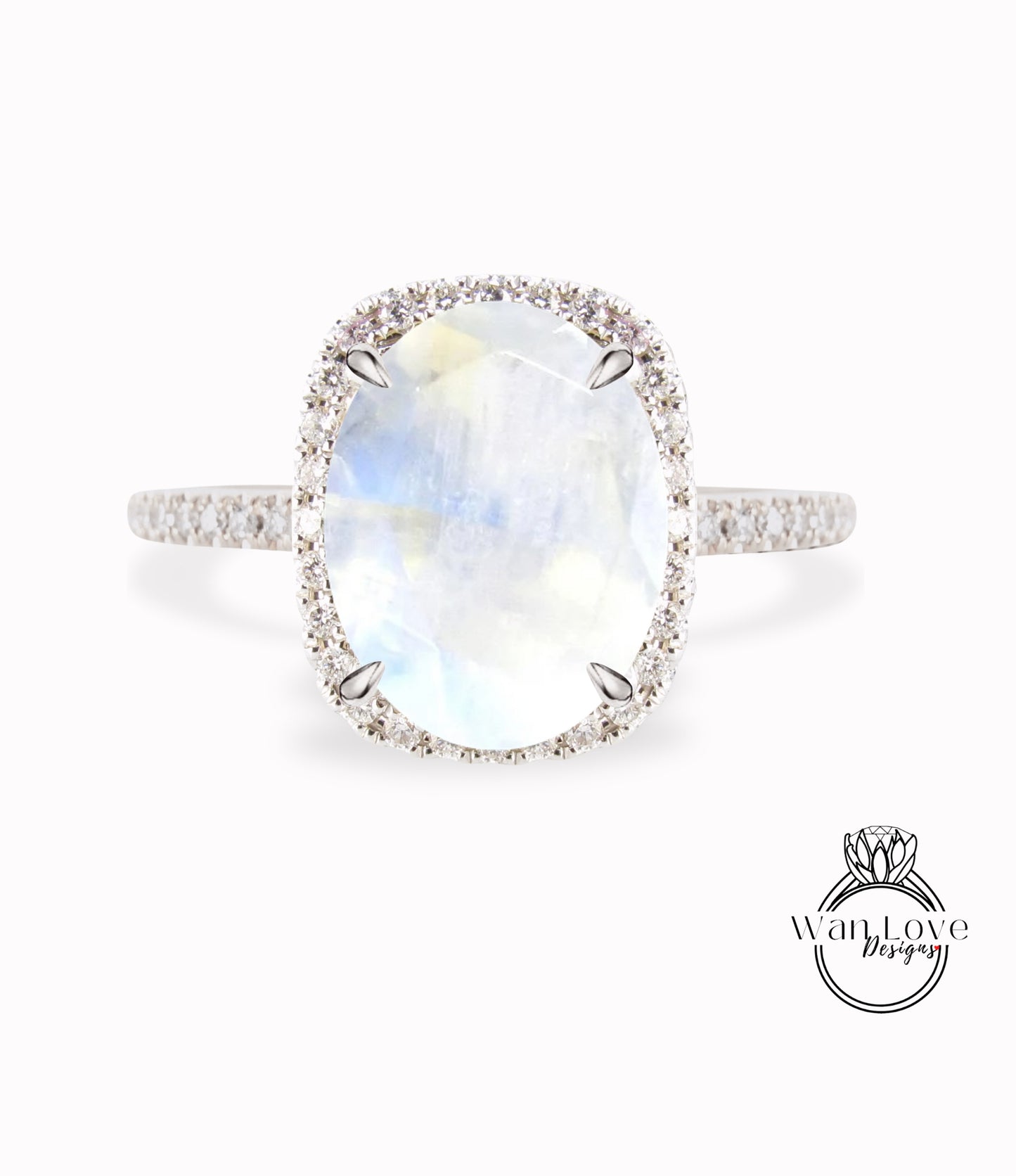 Moonstone & Diamond Elongated Cushion Halo with Oval cut engagement ring gold vintage ring women Half eternity Bridal wedding ring Anniversary Gift