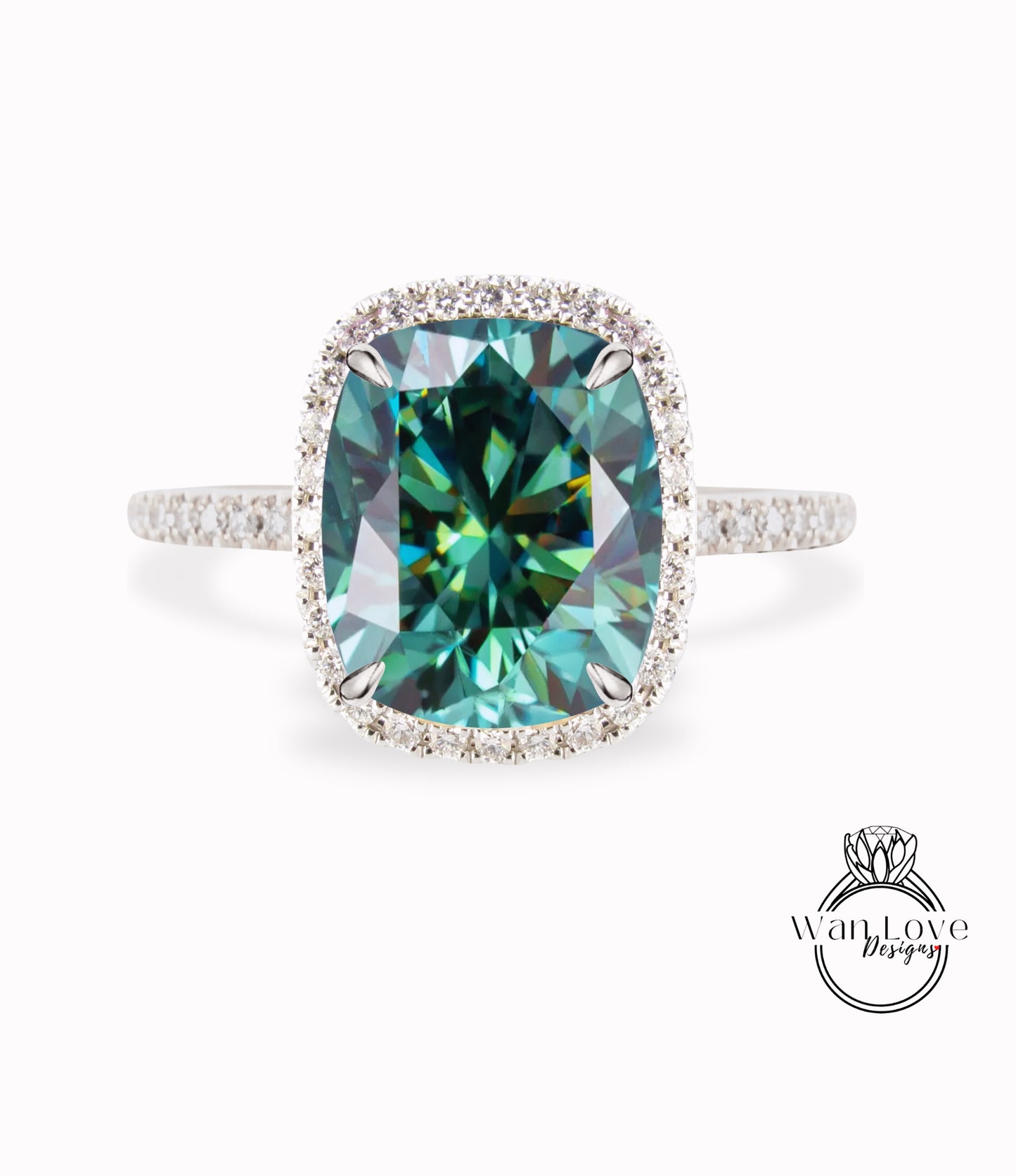 Blue Moissanite Elongated Cushion & Diamond halo engagement ring gold vintage engagement ring women Half eternity wedding Bridal Anniversary Gift