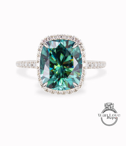 Blue Moissanite Elongated Cushion & Diamond halo engagement ring gold vintage engagement ring women Half eternity wedding Bridal Anniversary Gift