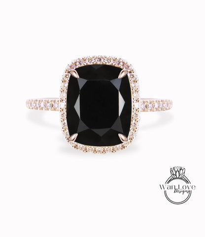 Elongated Cushion cut Black Spinel engagement ring gold vintage diamond halo engagement ring women Half eternity wedding Bridal Anniversary