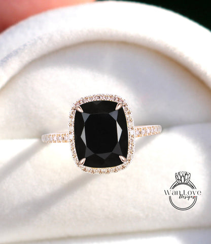 Elongated Cushion cut Black Spinel engagement ring gold vintage diamond halo engagement ring women Half eternity wedding Bridal Anniversary