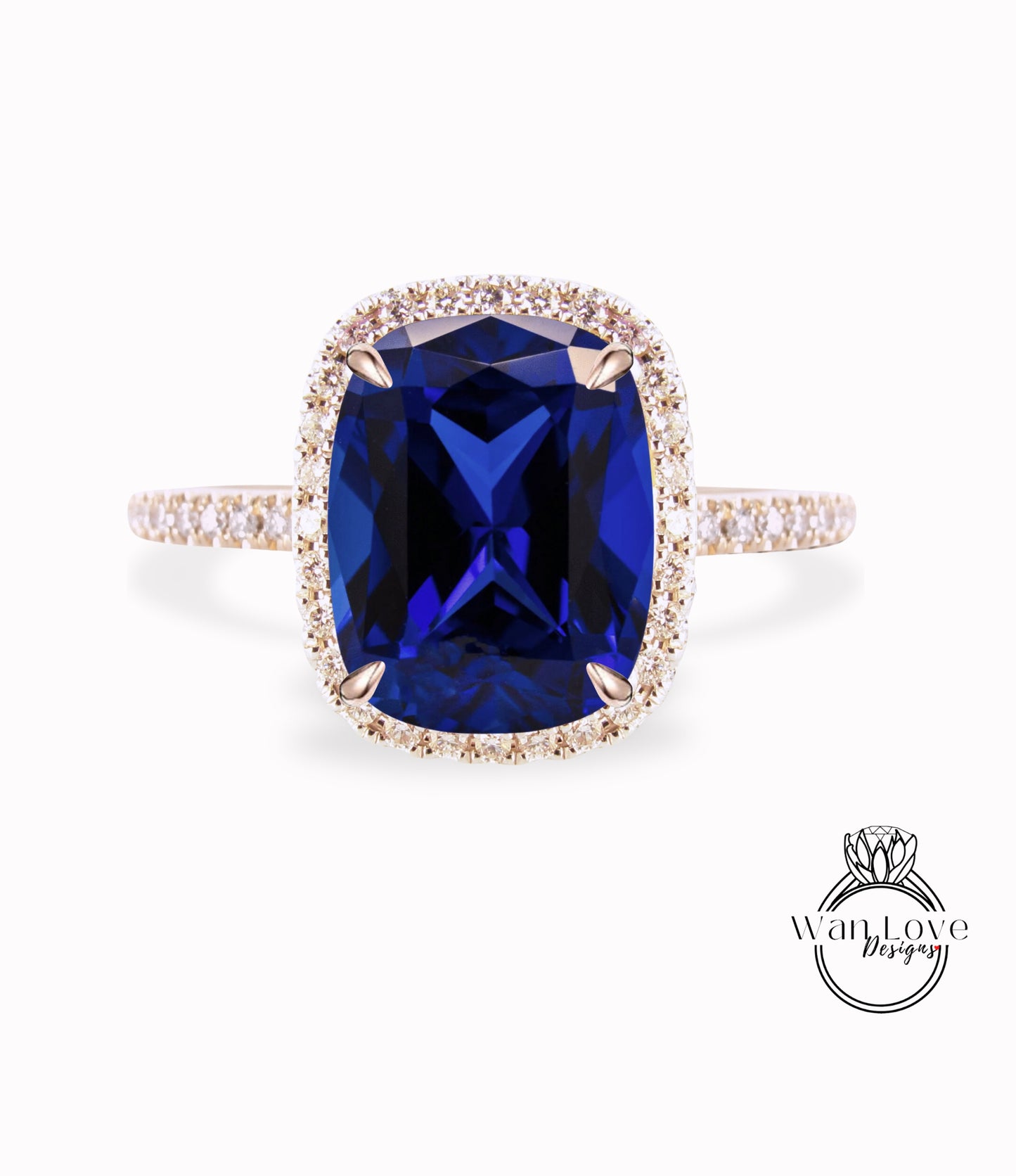 Elongated Cushion cut Blue Sapphire engagement ring gold vintage diamond halo engagement ring women Half eternity wedding Bridal Anniversary