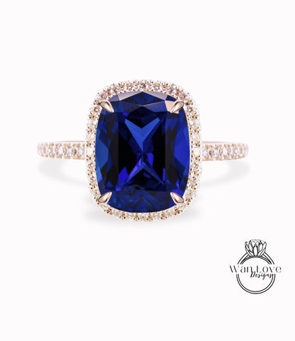 Elongated Cushion cut Blue Sapphire engagement ring gold vintage diamond halo engagement ring women Half eternity wedding Bridal Anniversary