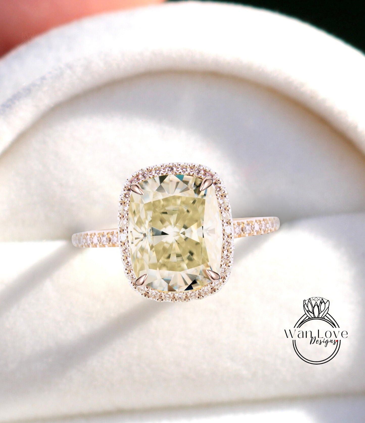 Elongated Cushion cut Champagne Moissanite engagement ring gold vintage diamond halo engagement ring women Half eternity wedding Bridal Gift