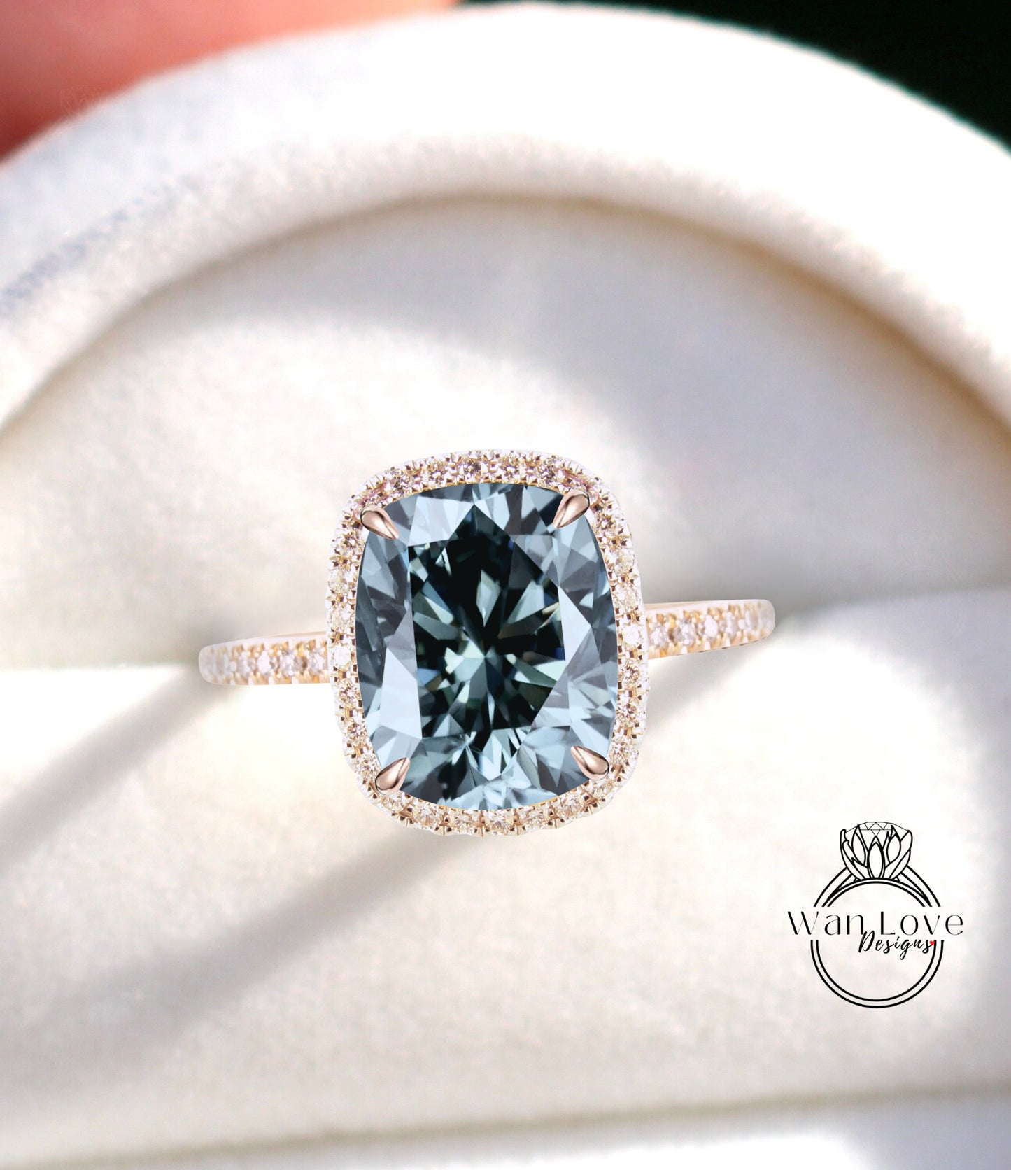 Gray Moissanite Diamond Elongated Cushion Halo Engagement Ring, Custom, Wedding, 14kt 18kt Gold, Platinum, WanLoveDesigns