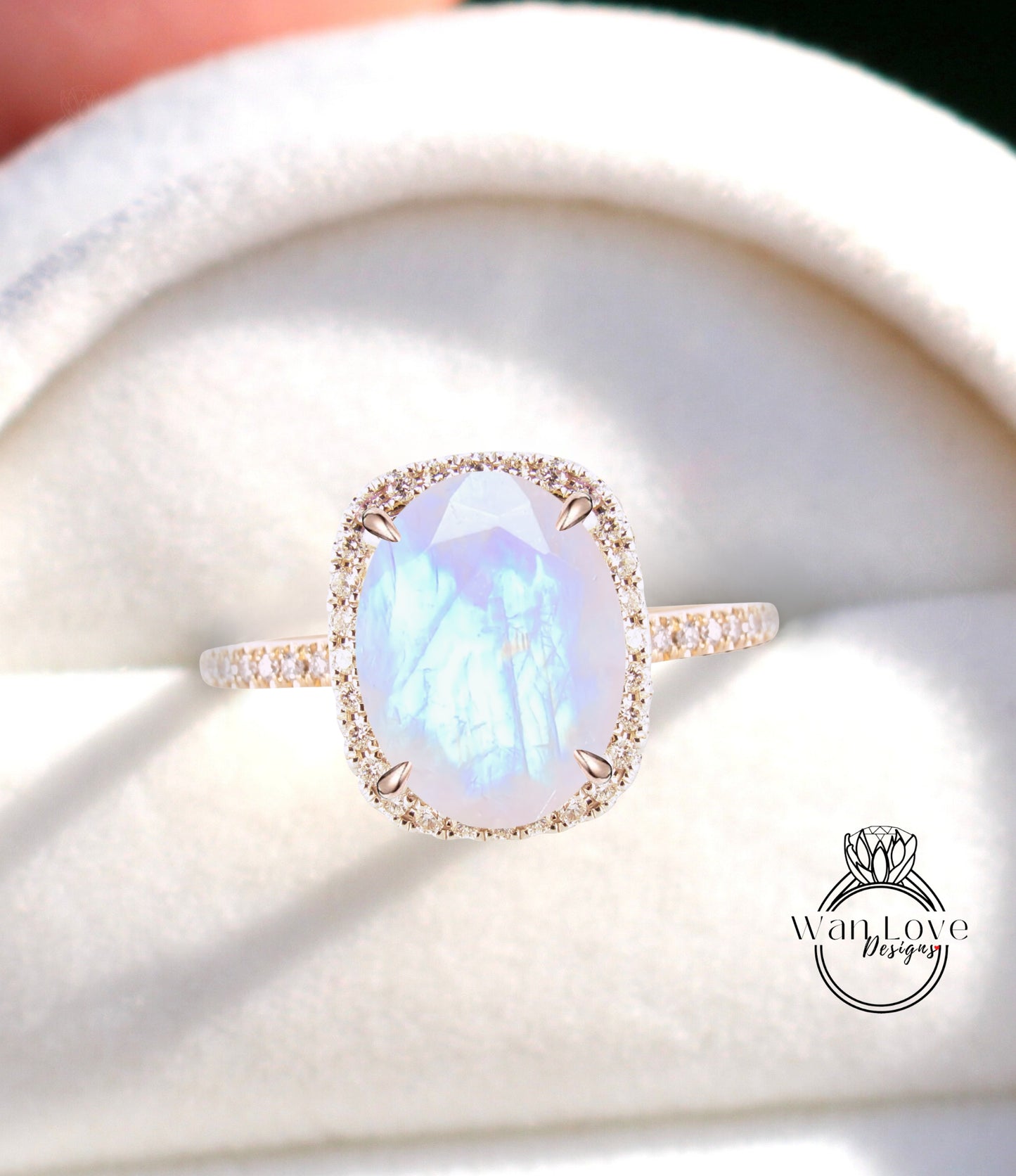 Moonstone & Diamond Elongated Cushion Halo with Oval cut engagement ring gold vintage ring women Half eternity Bridal wedding ring Anniversary Gift