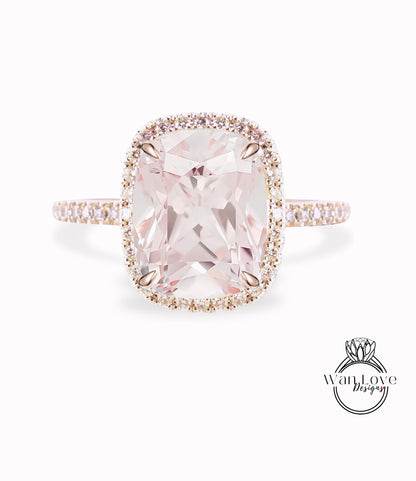 Anello di fidanzamento allungato con zaffiro rosa chiaro con taglio a cuscino, in oro, con diamante vintage, anello di fidanzamento con alone da donna, regalo nuziale per mezza eternità