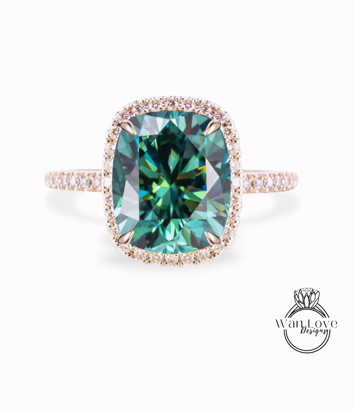 Blue Moissanite Elongated Cushion & Diamond halo engagement ring gold vintage engagement ring women Half eternity wedding Bridal Anniversary Gift