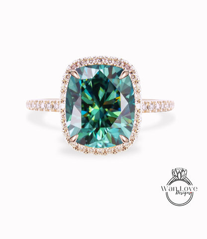 Blue Moissanite Elongated Cushion & Diamond halo engagement ring gold vintage engagement ring women Half eternity wedding Bridal Anniversary Gift