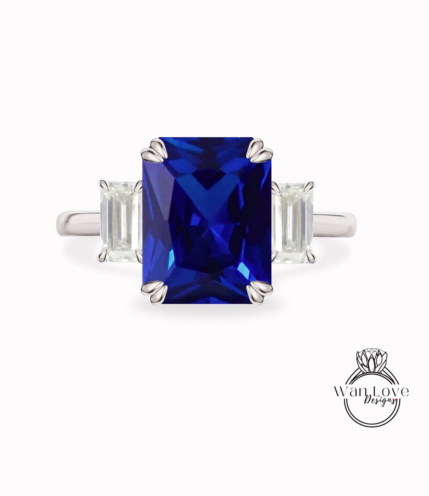 Blue Sapphire & Diamond 3 Gemtone Emerald Baguette Engagement Ring 14k 18k White Yellow Rose Gold Platinum Custom Wedding Bridal Ring Anniversary Gift