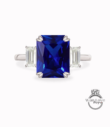 Blue Sapphire & Diamond 3 Gemtone Emerald Baguette Engagement Ring 14k 18k White Yellow Rose Gold Platinum Custom Wedding Bridal Ring Anniversary Gift