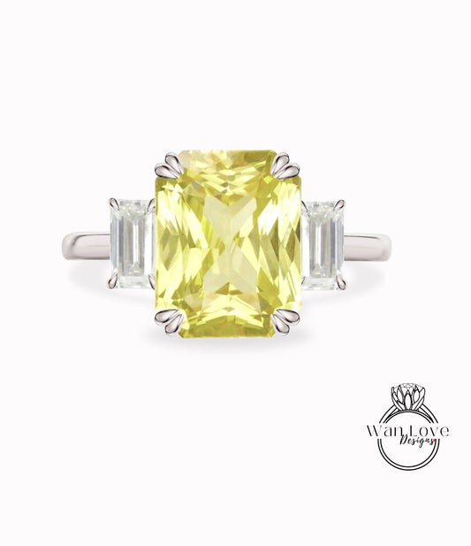 Yellow Sapphire & Diamond 3 Gemtone Emerald Baguette Engagement Ring 14k 18k White Yellow Rose Gold Platinum Custom Wedding Bridal Ring Anniversary Gift