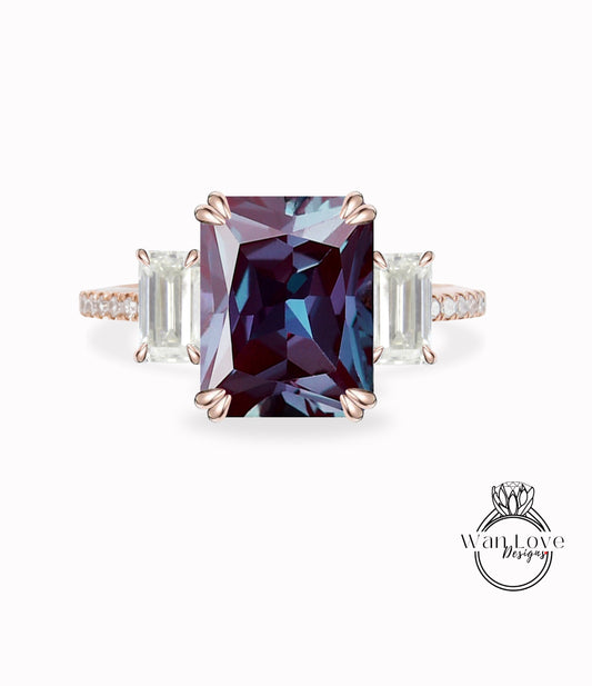 Alexandrite Diamond Emerald Baguette 3 gem stone Engagement Ring 4ct 10x8mm 14k White Yellow Rose Gold Platinum Custom Wedding Anniversary
