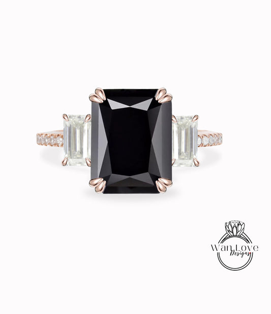 Anello di fidanzamento con 3 pietre preziose, smeraldo, diamante, spinello nero, taglio baguette, 4 ct, 10x8 mm, oro bianco giallo rosa 14 kt, platino, matrimonio personalizzato
