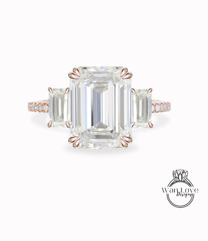 Anello di fidanzamento Art Déco con diamanti Lab con taglio smeraldo, anello rotondo con 3 pietre preziose, taglio baguette, anello in oro rosa con grappolo, promessa di anniversario, anello nuziale