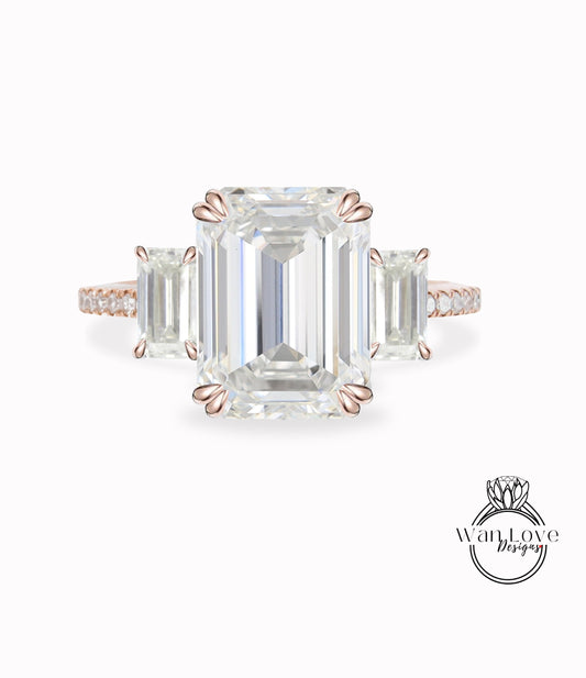 Art deco emerald cut Lab Diamond engagement ring round baguette cut 3 gem stone ring rose gold cluster ring anniversary promise bridal ring
